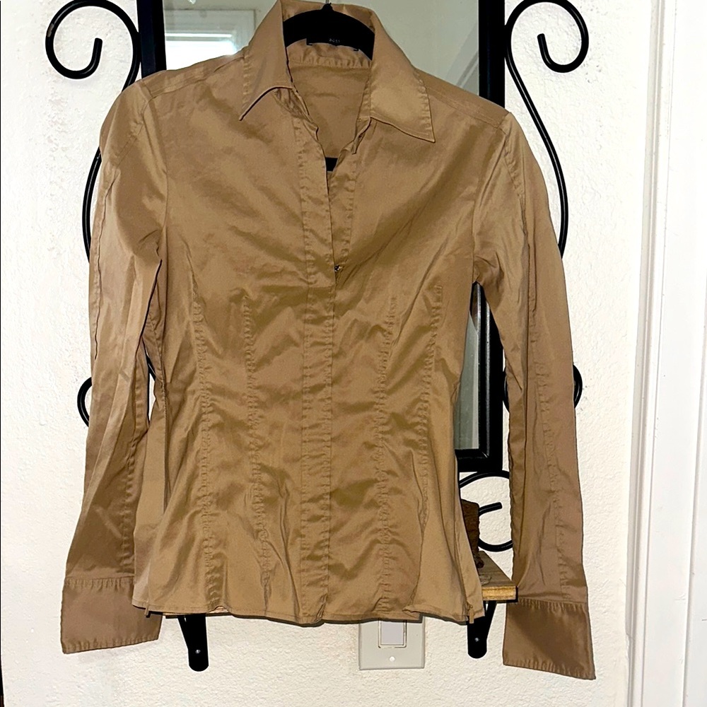 BOSS Tan Fitted Long Sleeve Button Down Shirt